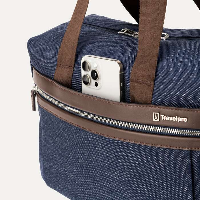 Outside phone pocket of Platinum® Elite UnderSeat Tote in True Navy