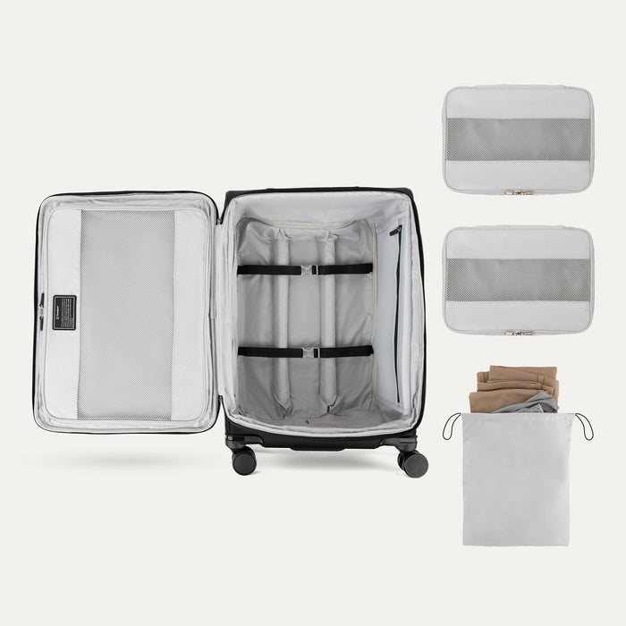 Interior Versapack+ Medium Check-in Spinner with packing cubes and a drawstring bag