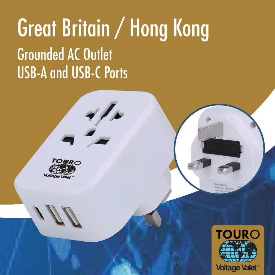 Grounded Adapter Great Britain 3 Port USB/USB-C